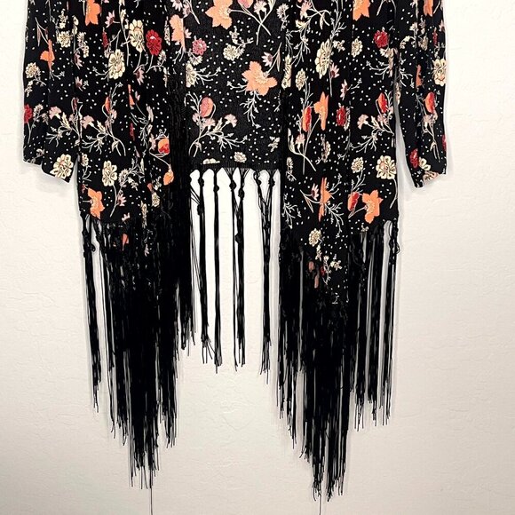 Torrid Multi Color Floral Fringe Open Front Long Sleeve Duster Kimono 1 1X 14/16 - Picture 5 of 9